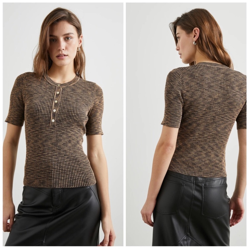 NWT Rails Toni Top Mocha Space Dye Henley Ribbed Fitted